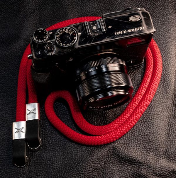 X  Red Rope - Black Leather Camera Strap - Silver X Fashion