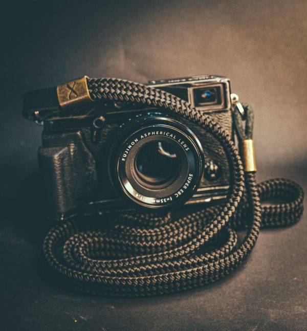 X  Black Flat Rope -Black Leather Camera Strap - Bronze X Hot on Sale