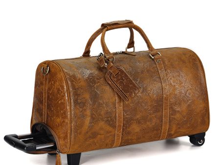 Embossed Leather Duffle Bag with Wheels Fashion