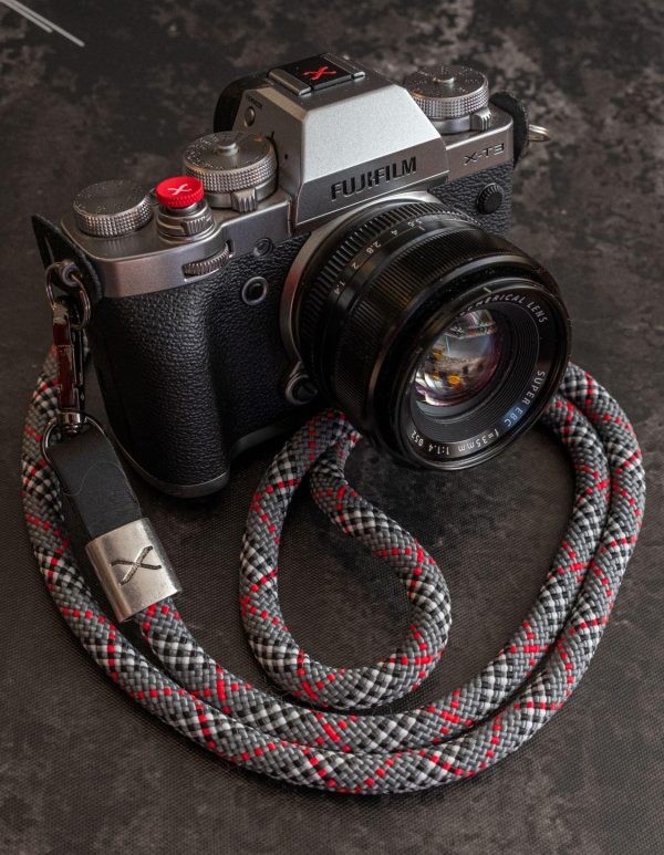 X  Tartan Grey - Black Leather Camera Strap - Silver X Fashion