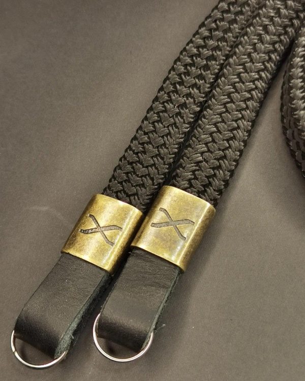 X  Black Flat Rope -Black Leather Camera Strap - Bronze X Hot on Sale