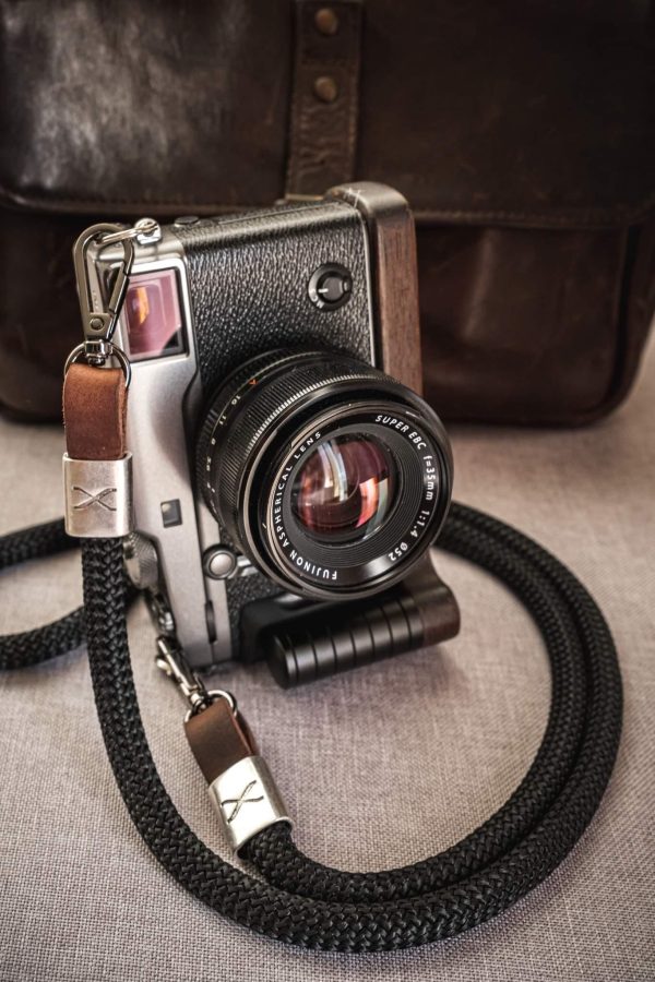 X  Black - Dark Brown Leather Camera Strap - Silver X Supply