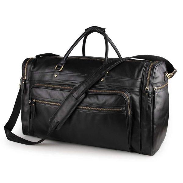 Black Leather Travel Duffle Bag Mens Large Fashion