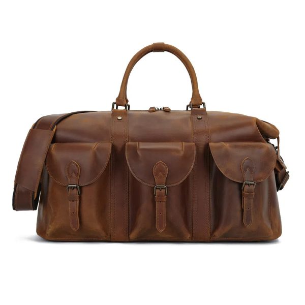 Vintage Leather Duffle Bag with Multiple Pockets For Sale